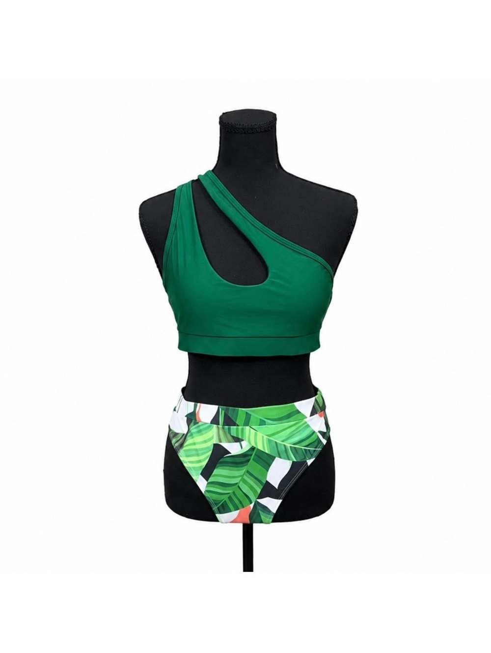 Green and Leaves One-Shoulder Bikini Set (M)